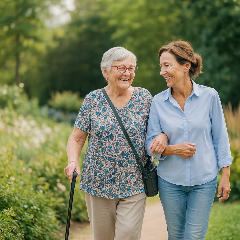 Caregiver walking with a resident in an Irish garden